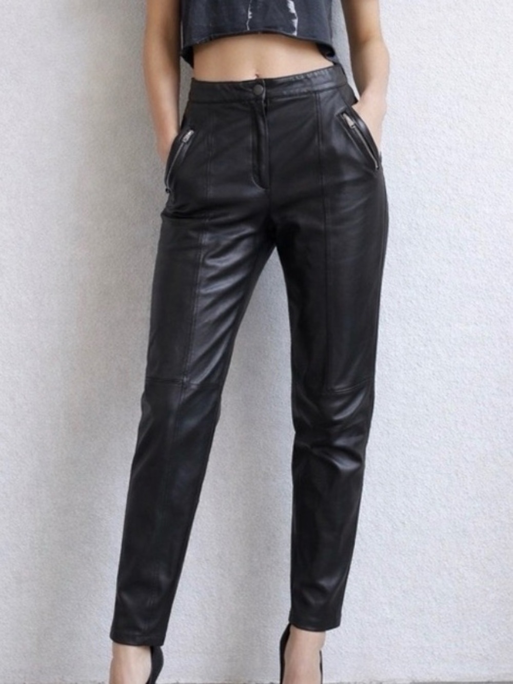 Black leather pants- zip ankle. 29" waist, 40" length